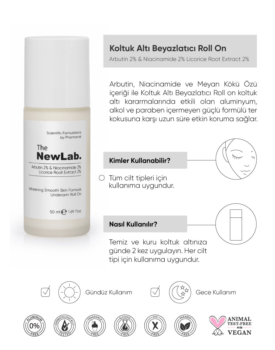 The NewLab Arbutin, Niacinamide ve Meyan Kökü Özü içerikli Koltuk Altı Beyazlatıcı Roll on 50 ml