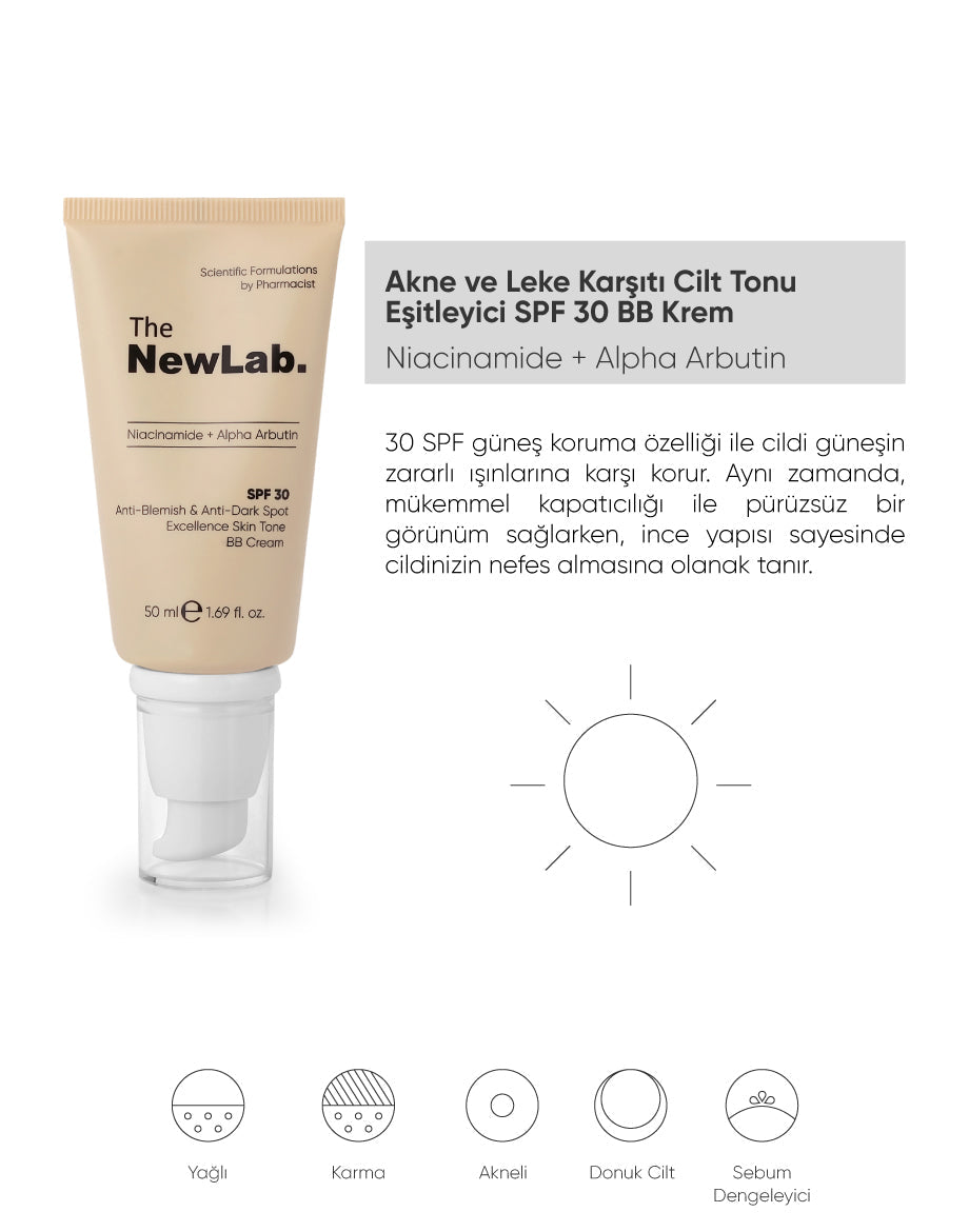 The NewLab Akne ve Leke Karşıtı Cilt Tonu Eşitleyici SPF 30 BB Krem 50 ml