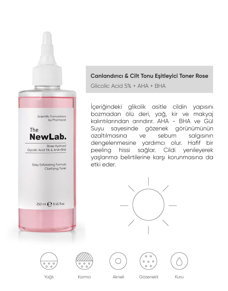The NewLab Canlandırıcı & Cilt Tonu Eşitleyici Toner Rose Hydrosol Glycolic Acid 5% & AHA+BHA 250 ml
